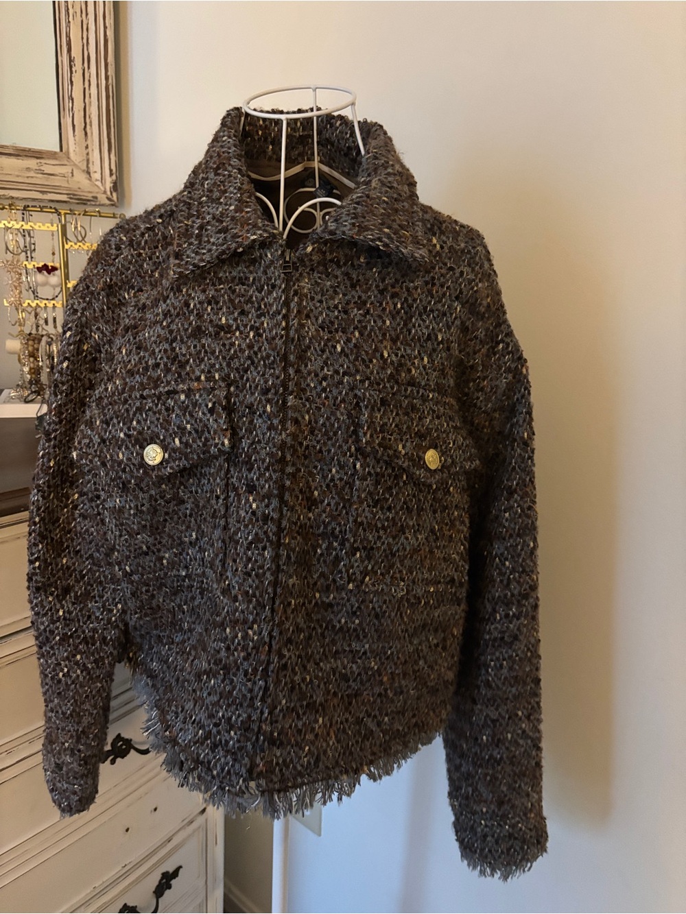 Democracy Brown Tweed Bomber Jacket with Pocket Flaps